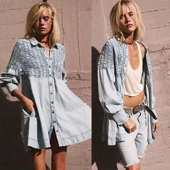 NWT Free People Denim Find Me Now Buttons Smocked Mini Dress Glacier Blue Size S - Picture 7 of 7